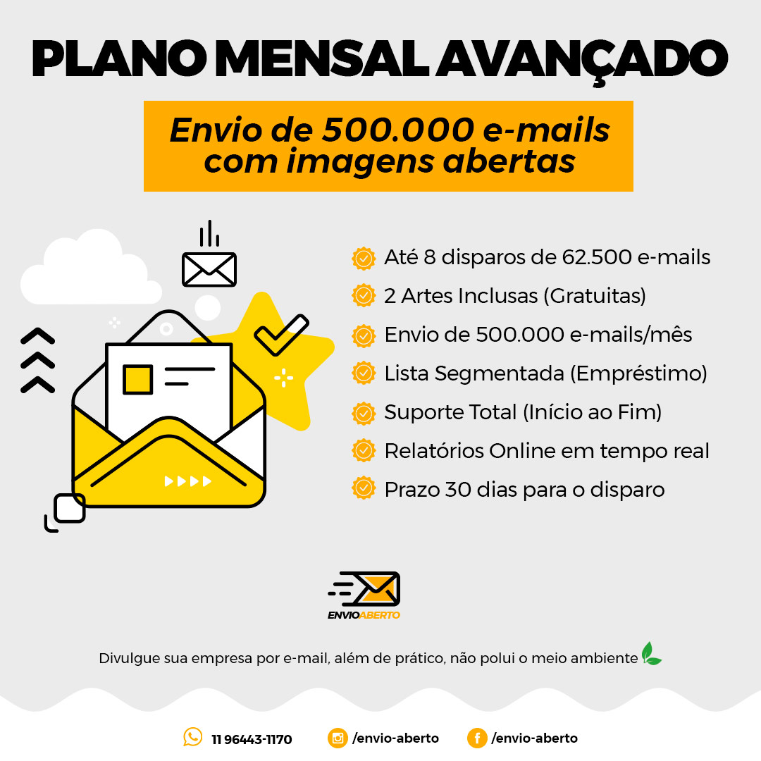 Plano Mensal de envio de E-mail Marketing 500.000 com imagens abertas!